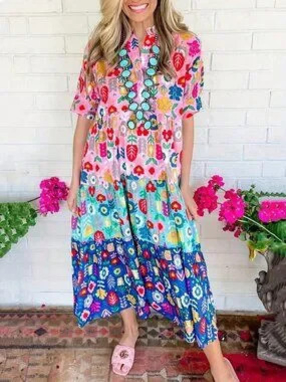 Mixed Color Casual Women's Multicolor Patchwork Floral Print Shirt Dress